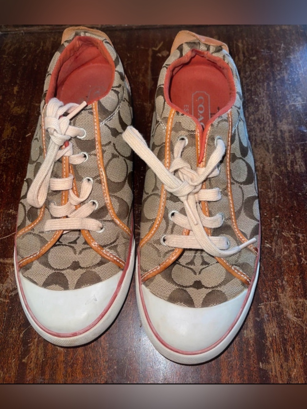 Coach Brown Signature Canvas Sneakers with Orange Coral Lining - Size 10M